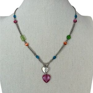 Brighton Deco Silver-Tone Heart Necklace w/Multicolor Beads